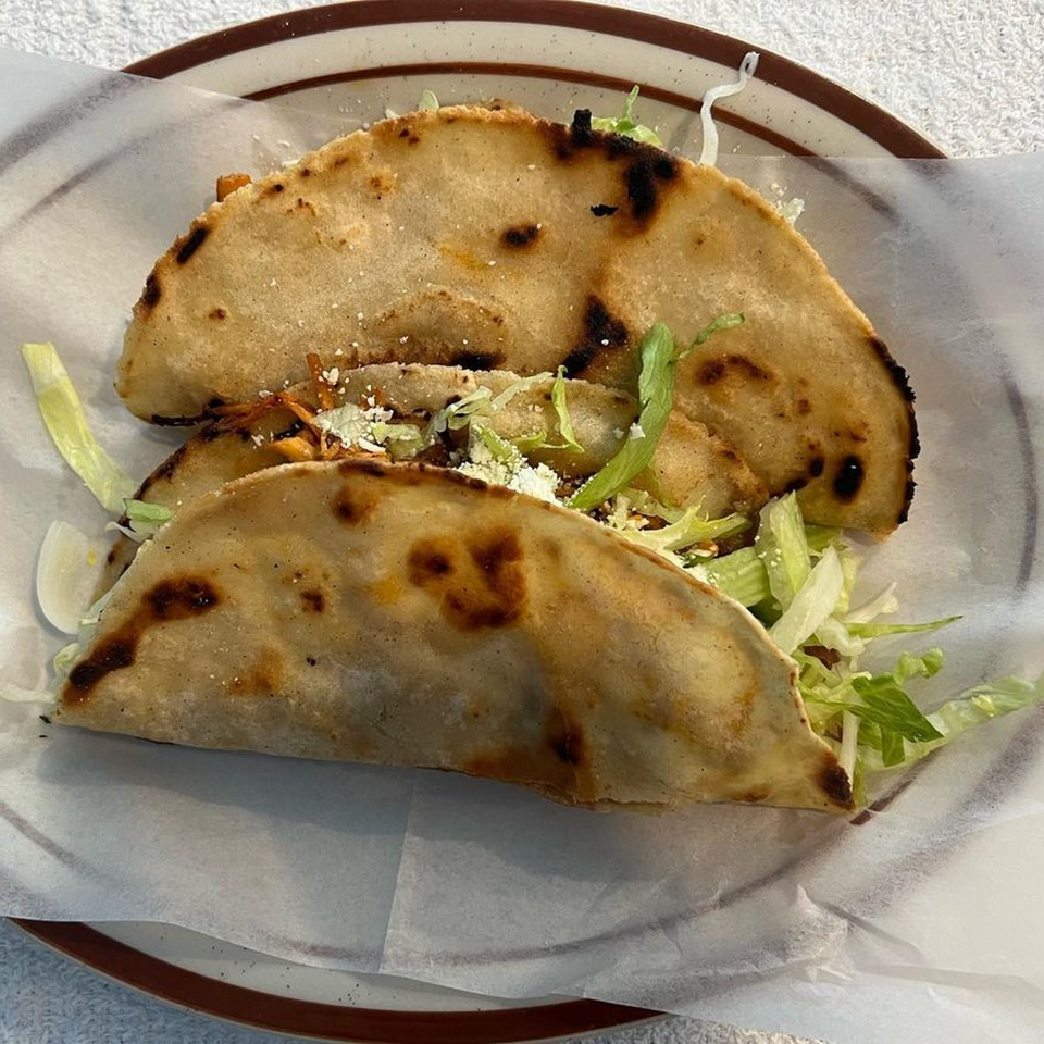 Two La Fortuna Mexican Restaurant tacos with grilled tortillas, lettuce, and cheese on a plate.